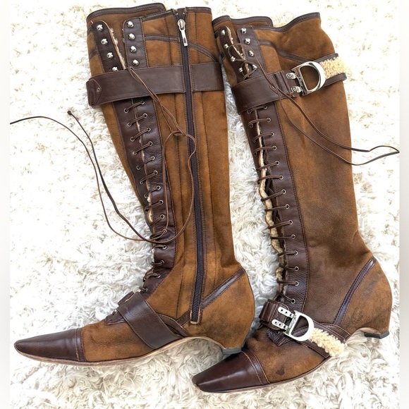 Dior Shoes - Dior auth brown Leather and shearling Knee-High Boots